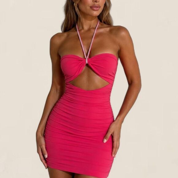 Oh Polly Dresses & Skirts - Oh Polly Regina rhinestone Halter Mini Dress l Pink Bodycon Party  Size 6